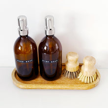 Load image into Gallery viewer, Set Of 2 Amber Bottles - Glass Or Plastic - Hand Soap &amp; Dish Soap - Silver Metal Pumps
