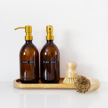 Load image into Gallery viewer, Set Of 2 Amber Bottles - Glass Or Plastic - Hand Soap &amp; Dish Soap - Gold Metal Pumps
