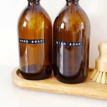 Load image into Gallery viewer, Set Of 2 Amber Bottles - Glass Or Plastic - Hand Soap &amp; Dish Soap - Light Brushed Gold Metal Pumps
