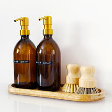 Load image into Gallery viewer, Set Of 2 Amber Bottles - Glass Or Plastic - Hand Soap &amp; Dish Soap - Gold Metal Pumps
