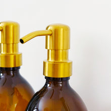 Load image into Gallery viewer, Set Of 2 Amber Bottles - Glass Or Plastic - Hand Soap &amp; Dish Soap - Gold Metal Pumps
