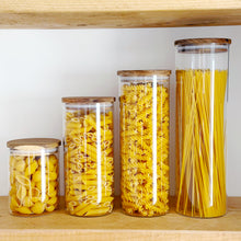 Load image into Gallery viewer, Glass Jar With White Personalised Label And Airtight Natural Acacia Wood Lid
