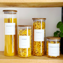 Load image into Gallery viewer, Glass Jar With White Personalised Label And Airtight Natural Acacia Wood Lid
