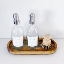 Load image into Gallery viewer, Set Of 2 Clear Bottles - Glass Or Plastic - Hands &amp; Dishes - Silver Metal Pumps
