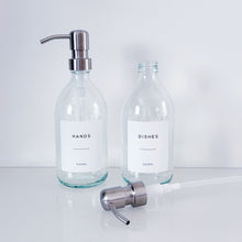 Load image into Gallery viewer, Set Of 2 Clear Bottles - Glass Or Plastic - Hands &amp; Dishes - Silver Metal Pumps
