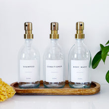 Load image into Gallery viewer, Set Of 3 Clear Bottles - Glass Or Plastic - Shampoo, Conditioner &amp; Body Wash - Brushed Light Gold Metal Pumps
