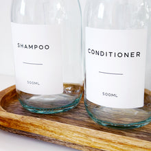 Load image into Gallery viewer, Set Of 3 Clear Bottles - Glass Or Plastic - Shampoo, Conditioner &amp; Body Wash - Gold Metal Pumps (Copy)
