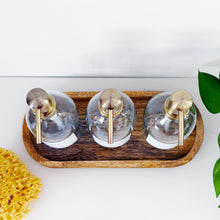 Load image into Gallery viewer, Set Of 3 Clear Bottles - Glass Or Plastic - Shampoo, Conditioner &amp; Body Wash - Brushed Light Gold Metal Pumps
