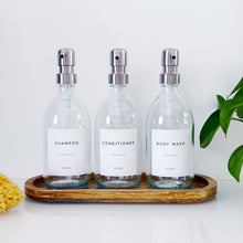 Load image into Gallery viewer, Set Of 3 Clear Bottles - Glass Or Plastic - Shampoo, Conditioner &amp; Body Wash - Silver Metal Pumps
