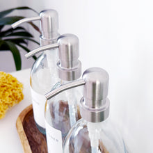 Load image into Gallery viewer, Set Of 3 Clear Bottles - Glass Or Plastic - Shampoo, Conditioner &amp; Body Wash - Silver Metal Pumps
