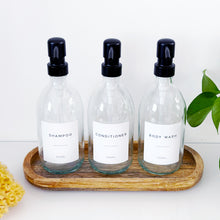 Load image into Gallery viewer, Set Of 3 Clear Bottles - Glass Or Plastic - Shampoo, Conditioner &amp; Body Wash - Black Metal Pumps
