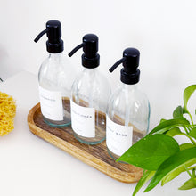 Load image into Gallery viewer, Set Of 3 Clear Bottles - Glass Or Plastic - Shampoo, Conditioner &amp; Body Wash - Black Metal Pumps
