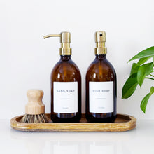 Load image into Gallery viewer, Set Of 2 Amber Bottles - Glass Or Plastic - Hand Soap &amp; Dish Soap - Brushed Light Gold Metal Pumps
