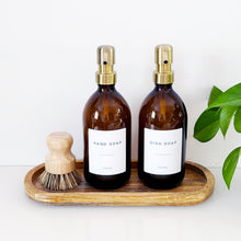 Load image into Gallery viewer, Set Of 2 Amber Bottles - Glass Or Plastic - Hand Soap &amp; Dish Soap - Brushed Light Gold Metal Pumps
