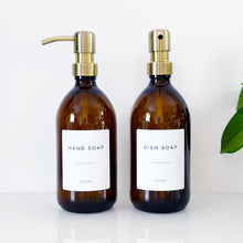 Load image into Gallery viewer, Set Of 2 Amber Bottles - Glass Or Plastic - Hand Soap &amp; Dish Soap - Brushed Light Gold Metal Pumps
