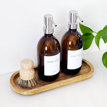 Load image into Gallery viewer, Set Of 2 Amber Bottles - Glass Or Plastic - Hand Soap &amp; Dish Soap - Silver Metal Pumps
