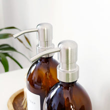 Load image into Gallery viewer, Set Of 2 Amber Bottles - Glass Or Plastic - Hand Soap &amp; Dish Soap - Silver Metal Pumps
