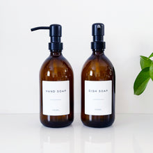 Load image into Gallery viewer, Set Of 2 Amber Bottles - Glass Or Plastic - Hand Soap &amp; Dish Soap - Black Metal Pumps
