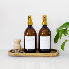 Load image into Gallery viewer, Set Of 2 Amber Bottles - Glass Or Plastic - Hand Soap &amp; Dish Soap - Gold Metal Pumps
