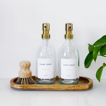 Load image into Gallery viewer, Set Of 2 Clear Bottles - Glass Or Plastic - Hand Soap &amp; Dish Soap - Brushed Light Gold Metal Pumps
