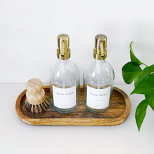 Load image into Gallery viewer, Set Of 2 Clear Bottles - Glass Or Plastic - Hand Soap &amp; Dish Soap - Brushed Light Gold Metal Pumps
