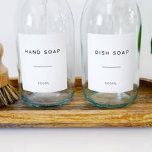 Load image into Gallery viewer, Set Of 2 Clear Bottles - Glass Or Plastic - Hand Soap &amp; Dish Soap - Brushed Light Gold Metal Pumps
