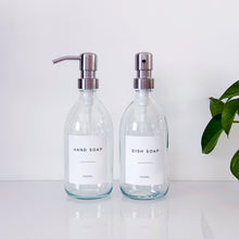 Load image into Gallery viewer, Set Of 2 Clear Bottles - Glass Or Plastic - Hand Soap &amp; Dish Soap - Silver Metal Pumps
