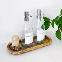 Load image into Gallery viewer, Set Of 2 Clear Bottles - Glass Or Plastic - Hand Soap &amp; Dish Soap - Silver Metal Pumps
