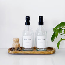Load image into Gallery viewer, Set Of 2 Clear Bottles - Glass Or Plastic - Hand Soap &amp; Dish Soap - Black Metal Pumps
