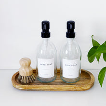 Load image into Gallery viewer, Set Of 2 Clear Bottles - Glass Or Plastic - Hand Soap &amp; Dish Soap - Black Metal Pumps
