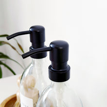 Load image into Gallery viewer, Set Of 2 Clear Bottles - Glass Or Plastic - Hand Soap &amp; Dish Soap - Black Metal Pumps
