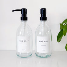 Load image into Gallery viewer, Set Of 2 Clear Bottles - Glass Or Plastic - Hand Soap &amp; Dish Soap - Black Metal Pumps

