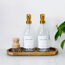 Load image into Gallery viewer, Set Of 2 Clear Bottles - Glass Or Plastic - Hand Soap &amp; Dish Soap - Gold Metal Pumps
