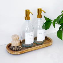 Load image into Gallery viewer, Set Of 2 Clear Bottles - Glass Or Plastic - Hand Soap &amp; Dish Soap - Gold Metal Pumps
