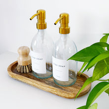Load image into Gallery viewer, Set Of 2 Clear Bottles - Glass Or Plastic - Hand Soap &amp; Dish Soap - Gold Metal Pumps
