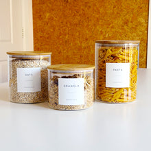 Load image into Gallery viewer, Extra Wide Glass Jar With White Personalised Label And Airtight Natural Bamboo Lid
