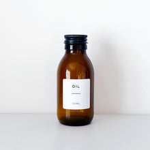 Load image into Gallery viewer, Amber Glass Or Plastic Bottle With White Label &amp; Black Metal Screw Lid
