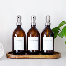 Load image into Gallery viewer, Set Of 3 Amber Bottles - Glass Or Plastic - Shampoo, Conditioner &amp; Body Wash - Silver Metal Pumps
