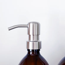 Load image into Gallery viewer, Set Of 3 Amber Bottles - Glass Or Plastic - Shampoo, Conditioner &amp; Body Wash - Silver Metal Pumps
