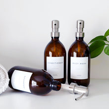 Load image into Gallery viewer, Set Of 3 Amber Bottles - Glass Or Plastic - Shampoo, Conditioner &amp; Body Wash - Silver Metal Pumps
