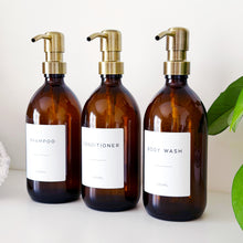 Load image into Gallery viewer, Set Of 3 Amber Bottles - Glass Or Plastic - Shampoo, Conditioner &amp; Body Wash - Brushed Gold Metal Pumps
