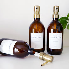 Load image into Gallery viewer, Set Of 3 Amber Bottles - Glass Or Plastic - Shampoo, Conditioner &amp; Body Wash - Brushed Gold Metal Pumps
