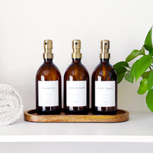 Load image into Gallery viewer, Set Of 3 Amber Bottles - Glass Or Plastic - Shampoo, Conditioner &amp; Body Wash - Brushed Gold Metal Pumps
