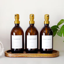 Load image into Gallery viewer, Set Of 3 Amber Bottles - Glass Or Plastic - Shampoo, Conditioner &amp; Body Wash - Gold Metal Pumps
