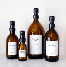 Load image into Gallery viewer, Amber Glass Or Plastic Dispenser Bottle With Personalised Label &amp; Black Metal Pump

