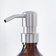 Load image into Gallery viewer, Amber Glass Or Plastic Dispenser Bottle With Personalised Label &amp; Silver Metal Pump
