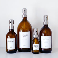 Load image into Gallery viewer, Amber Glass Or Plastic Dispenser Bottle With Personalised Label &amp; Silver Metal Pump
