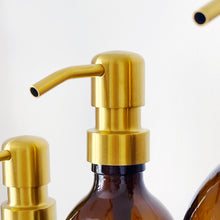Load image into Gallery viewer, Amber Glass Or Plastic Dispenser Bottle With Personalised Label &amp; Gold Metal Pump
