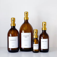Load image into Gallery viewer, Amber Glass Or Plastic Dispenser Bottle With Personalised Label &amp; Gold Metal Pump
