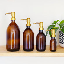 Load image into Gallery viewer, Amber Dispenser Bottle With Stamped Personalised Label And Gold Metal Pump
